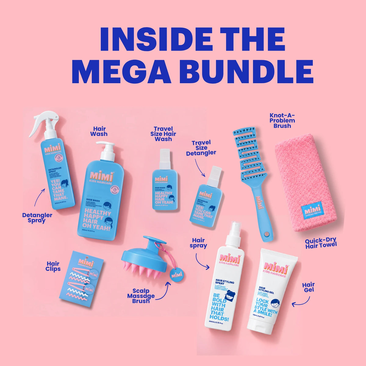 A promotional bundle graphic for Mimi hair care products on a pink background with the headline 'INSIDE THE MEGA BUNDLE.' Multiple blue and white bottles, sprays, a brush, a towel, and clips are arranged with callout labels and arrows, including Detangler Spray, Hair Wash, Travel Size Hair Wash, Travel Size Detangler, Knit-A-Problem Brush, Quick-Dry Hair Towel, Hair Clips, Scalp Massage Brush, Hair Spray, and Hair Gel.