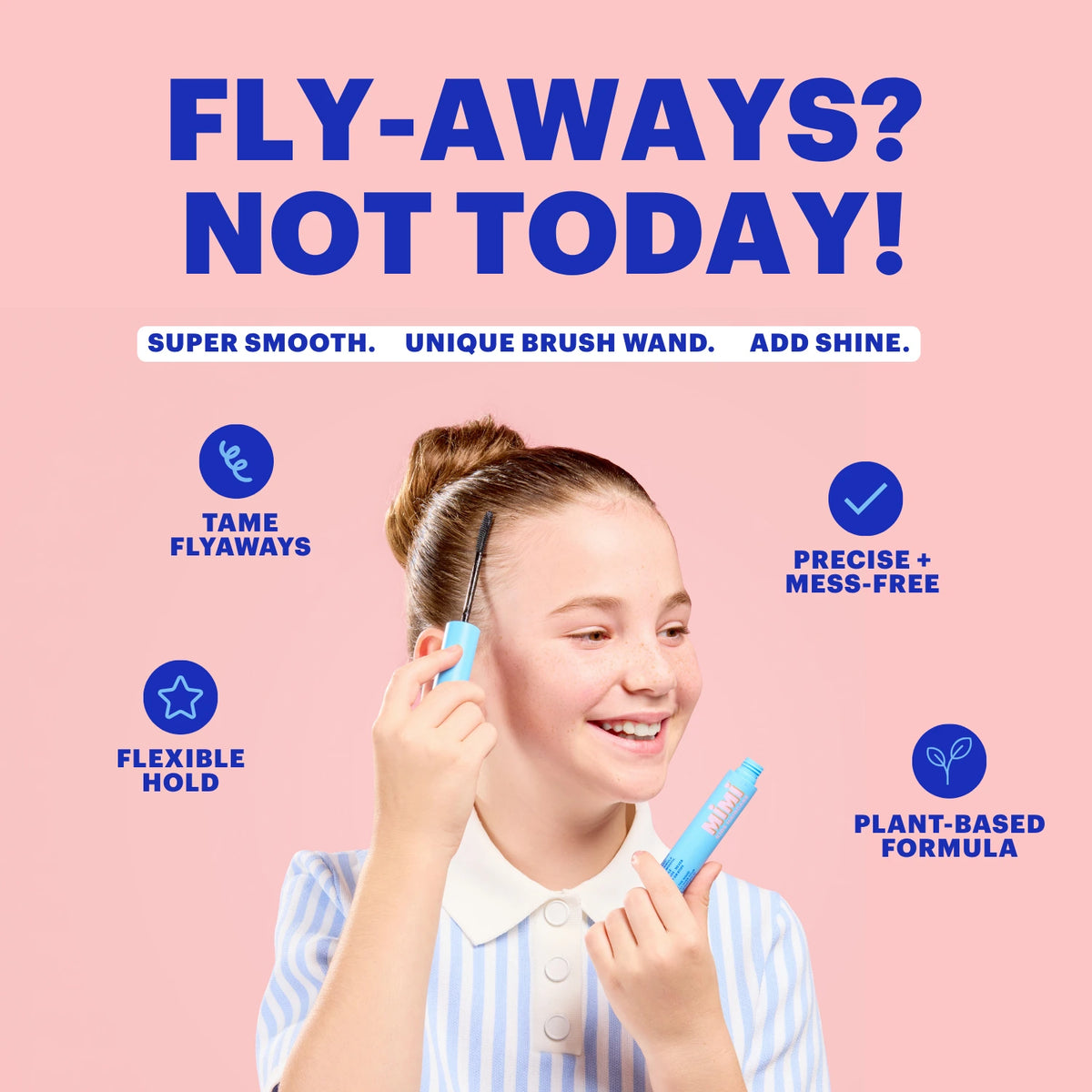 Girl using MIMI Kids Hair Gel Styling Wand to smooth flyaways, featuring precise application, flexible hold and a plant-based formula.