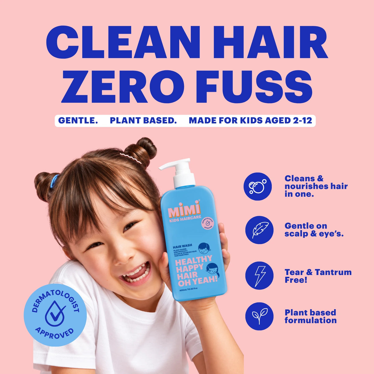 Smiling child holding MIMI Kids Hair Wash, a gentle, plant-based shampoo for children aged 2â12, with dermatologist-approved formula.