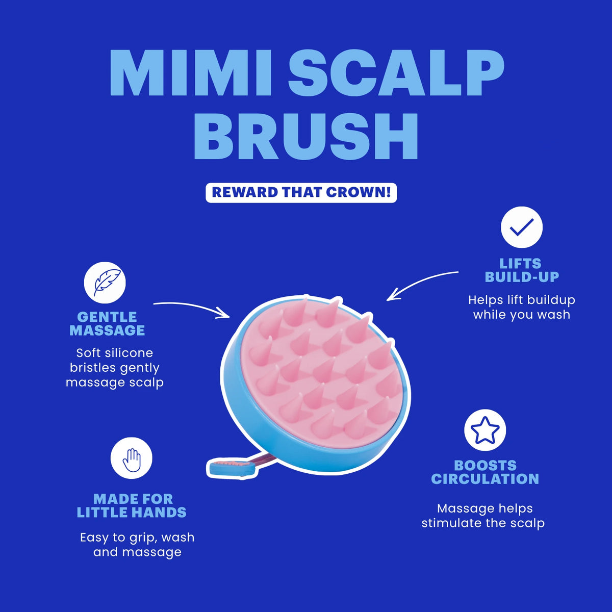 Promotional graphic for a Mimi Scalp Brush on a solid blue background, showing a pink and light blue scalp brush in the center with text highlighting gentle massage, lift buildup, suitability for little hands, and circulation benefits.