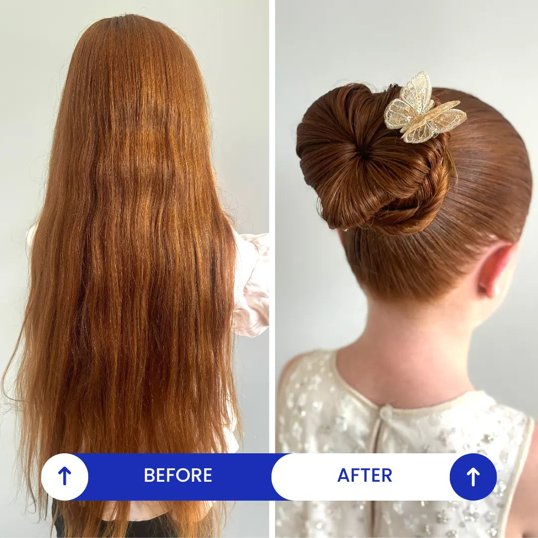 Before and after comparison of a person with long hair styled into an updo with a decorative hairpiece.
