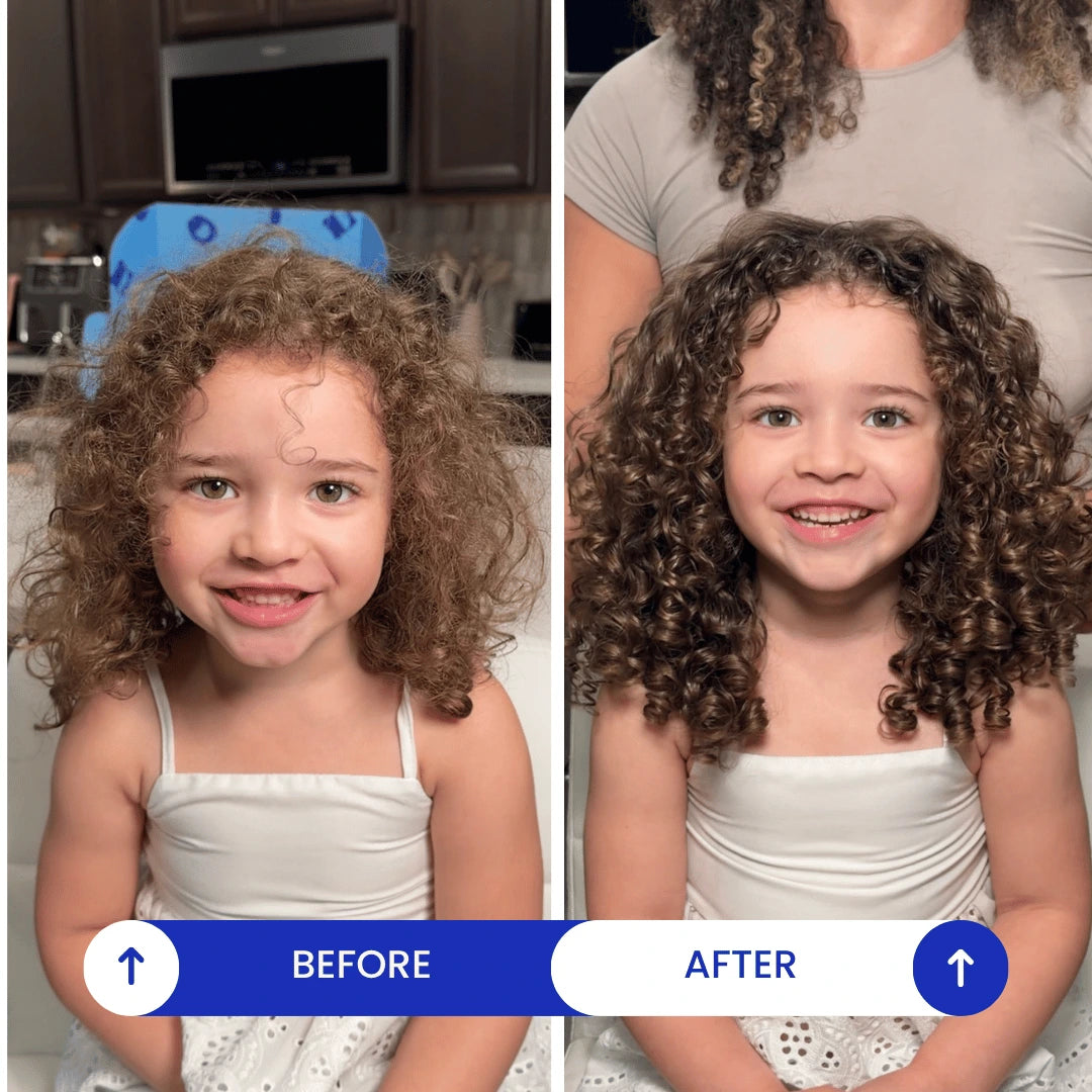Before and after comparison of a young girl with curly brown hair, showing the hair styled differently in each panel. A blue 'BEFORE' and 'AFTER' label bar is at the bottom.