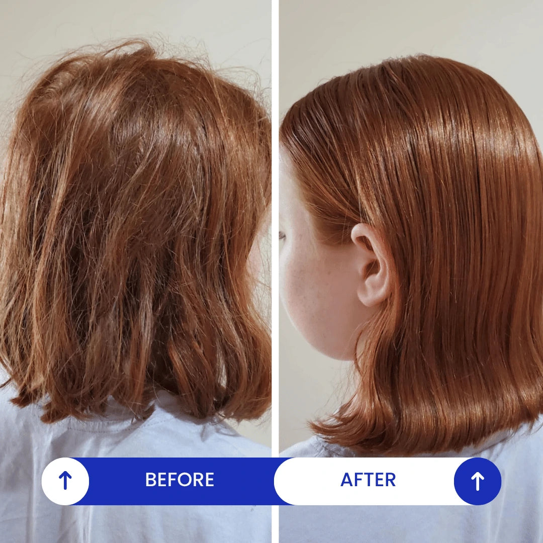 Before and after comparison of a person's shoulder-length auburn hair, showing frizzy, textured hair on the left and smooth, straight, shiny hair on the right.