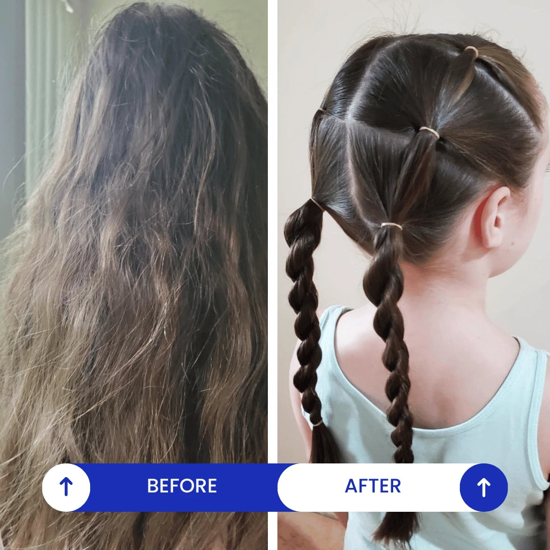 Before-and-after comparison of a child's hair, showing frizzy, dry, and tangled hair on the left, and smooth, styled hair on the right. The right side shows the hair styled into two braids with an updo.