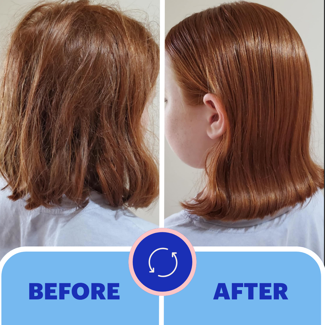 Before and after comparison of a person's shoulder-length auburn hair, showing frizzy, textured hair on the left and smooth, shiny, styled hair on the right. The image includes a blue banner at the bottom with 'BEFORE' and 'AFTER' text and a circular refresh icon.