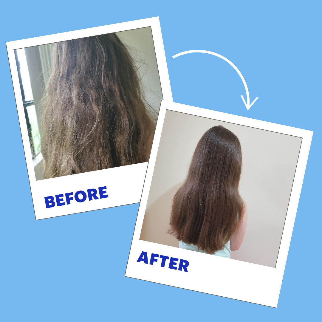 Before and after comparison showing a person's long, frizzy brown hair transforming into smooth, shiny brown hair, presented on a light blue background with polaroid-style frames labeled BEFORE and AFTER.