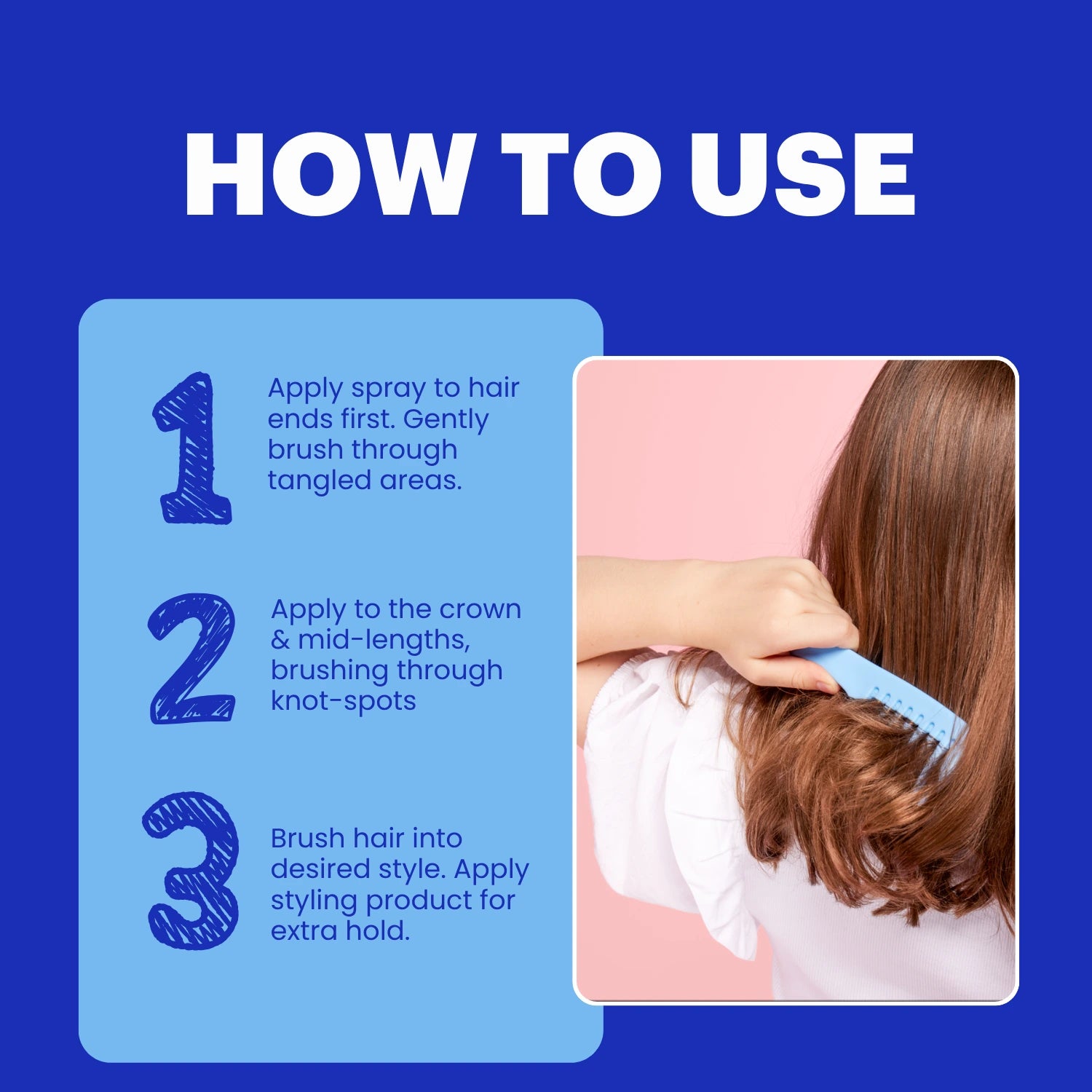 Three-step guide to detangling kids' hair with MIMI Detangler Spray, showing how to spray hair ends, brush through knots and style.