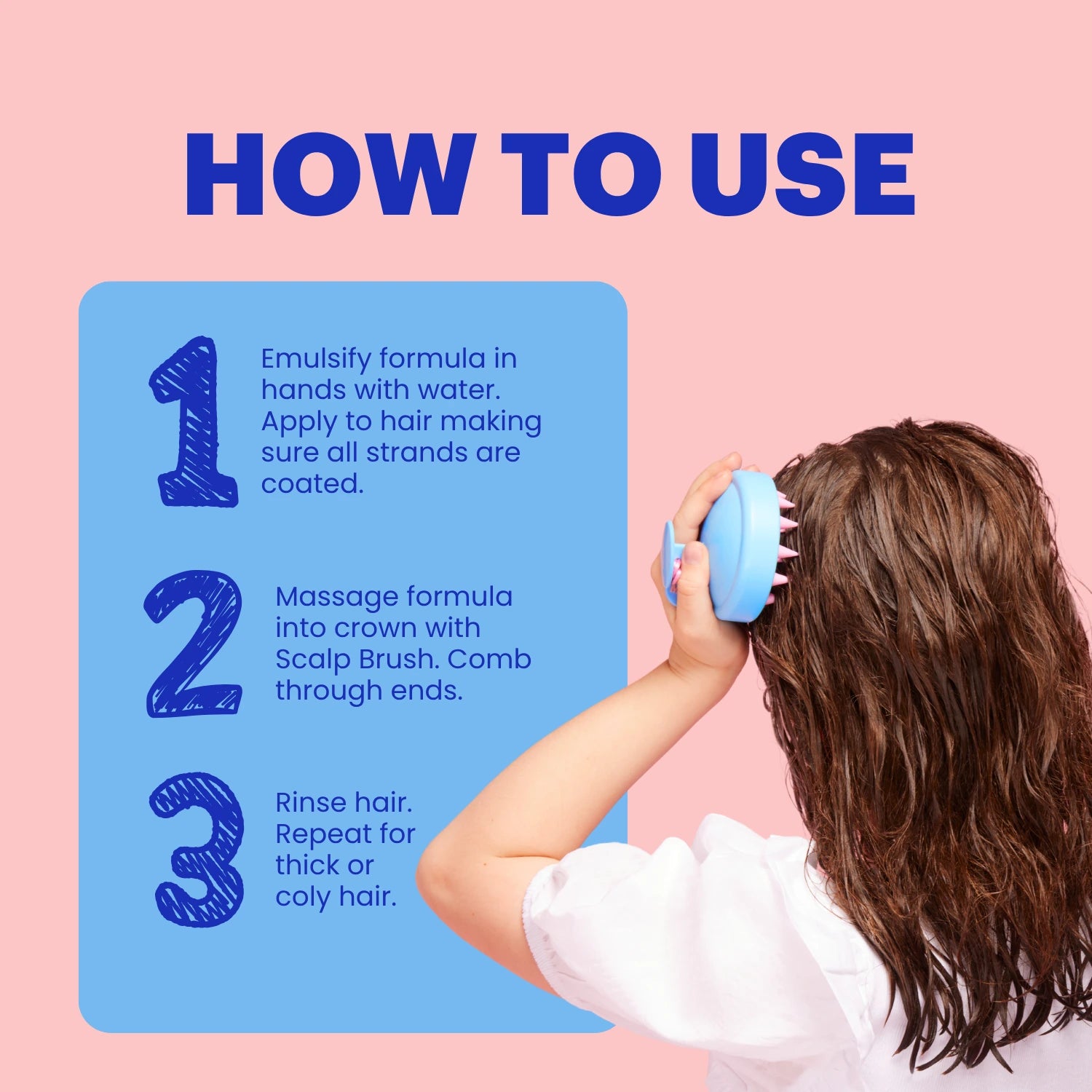 Three-step guide to washing children's hair with MIMI Kids Hair Wash, showing application, scalp massage and rinsing for clean hair