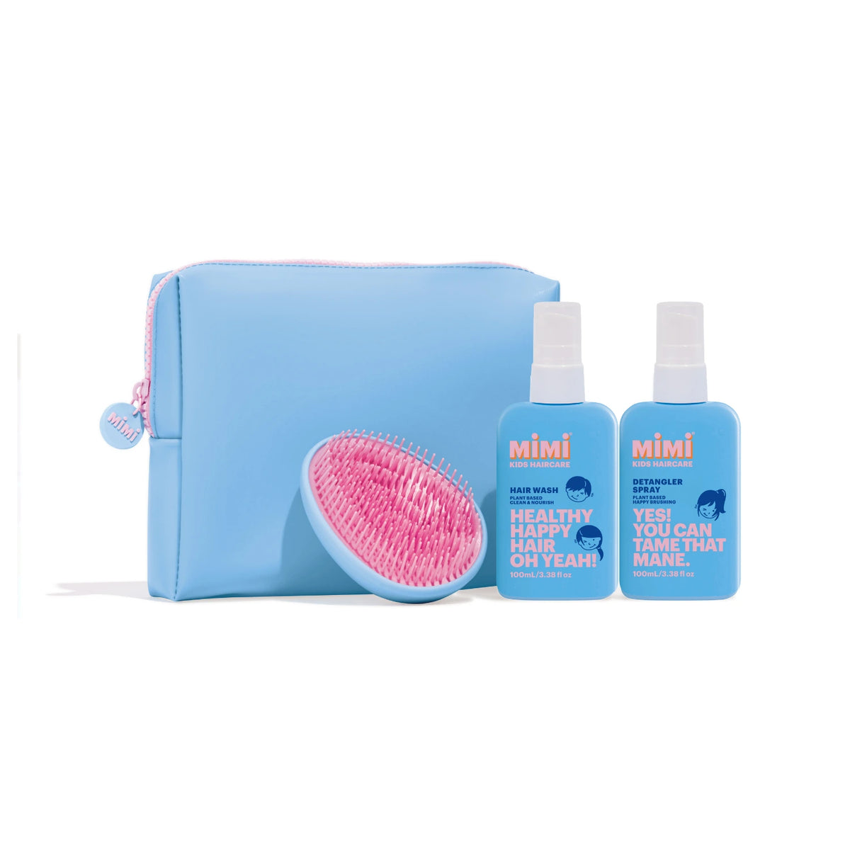 A Mimi Hair travel set featuring a light blue zippered pouch, a pink and blue detangling brush, and two matching blue bottles of hair care products on a white background.