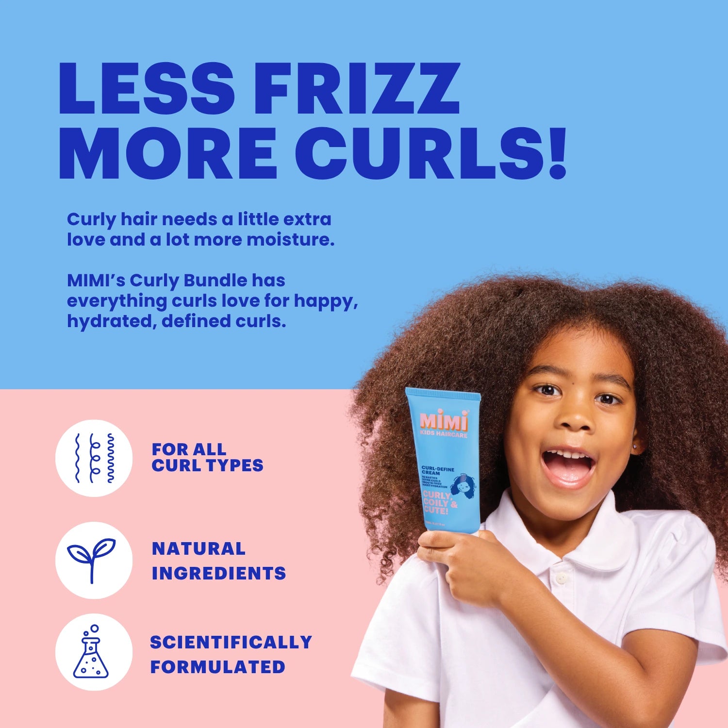 A promotional graphic for Mimi's Curl Bundle hair care product. A young girl with voluminous curly hair is shown on the right, smiling and holding up a blue tube of product.