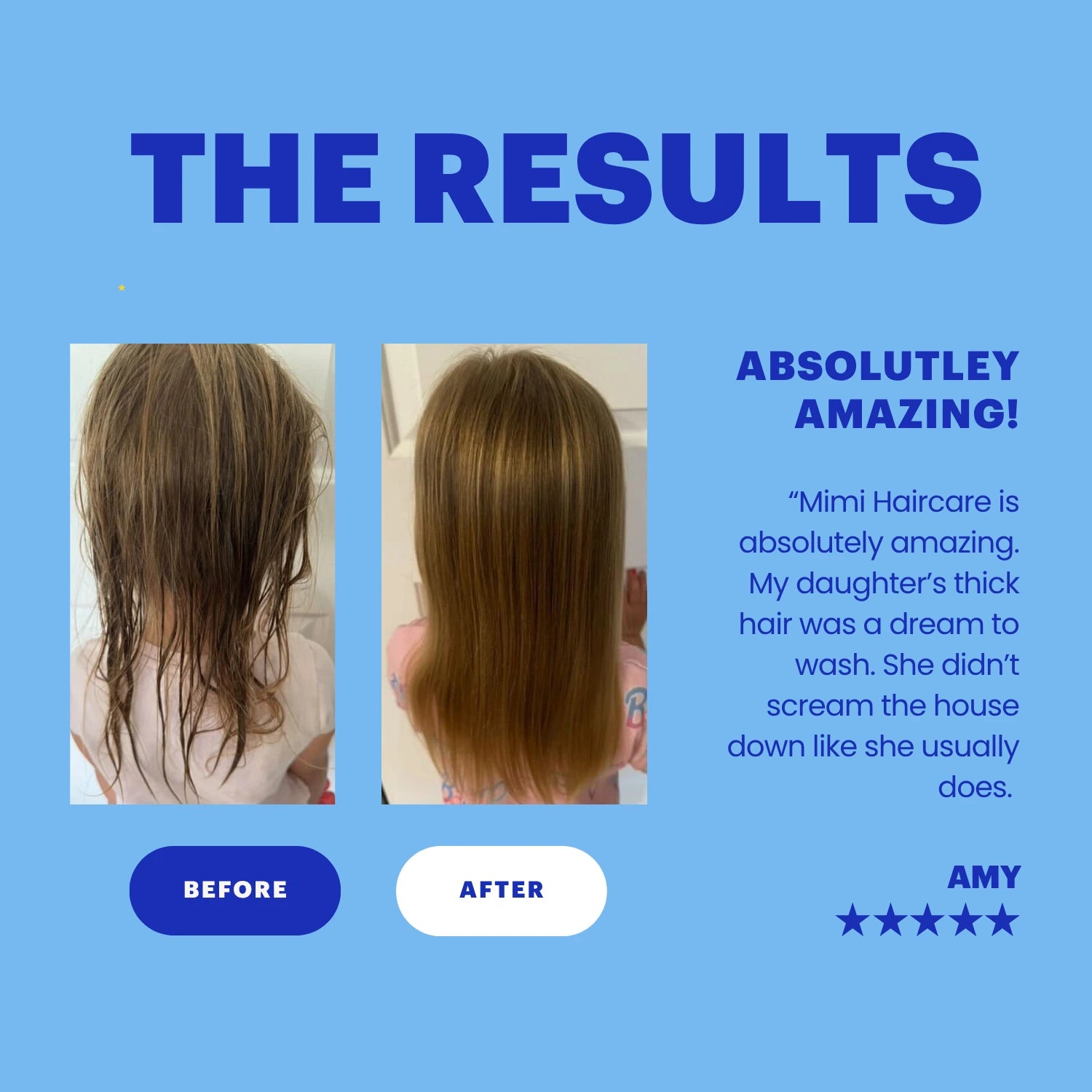 A blue promotional graphic with the heading 'THE RESULTS' showing before-and-after hair photos of a child, a customer quote, and a star rating. The left 'before' photo shows dry, frizzy brown hair, and the right 'after' photo shows smoother, shinier brown hair.