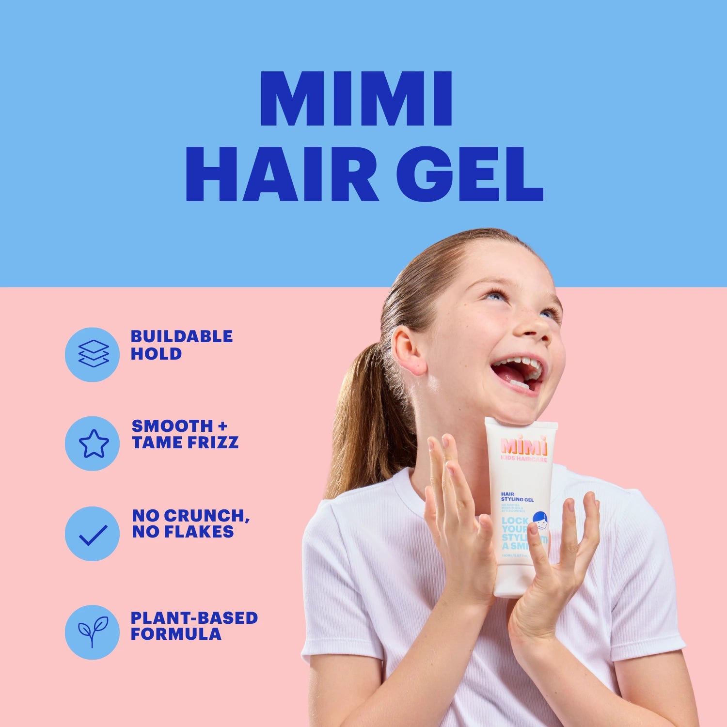 A promotional graphic for MIMI Hair Gel featuring a young girl holding a white tube of hair gel against a split blue and pink background with text highlighting product benefits.