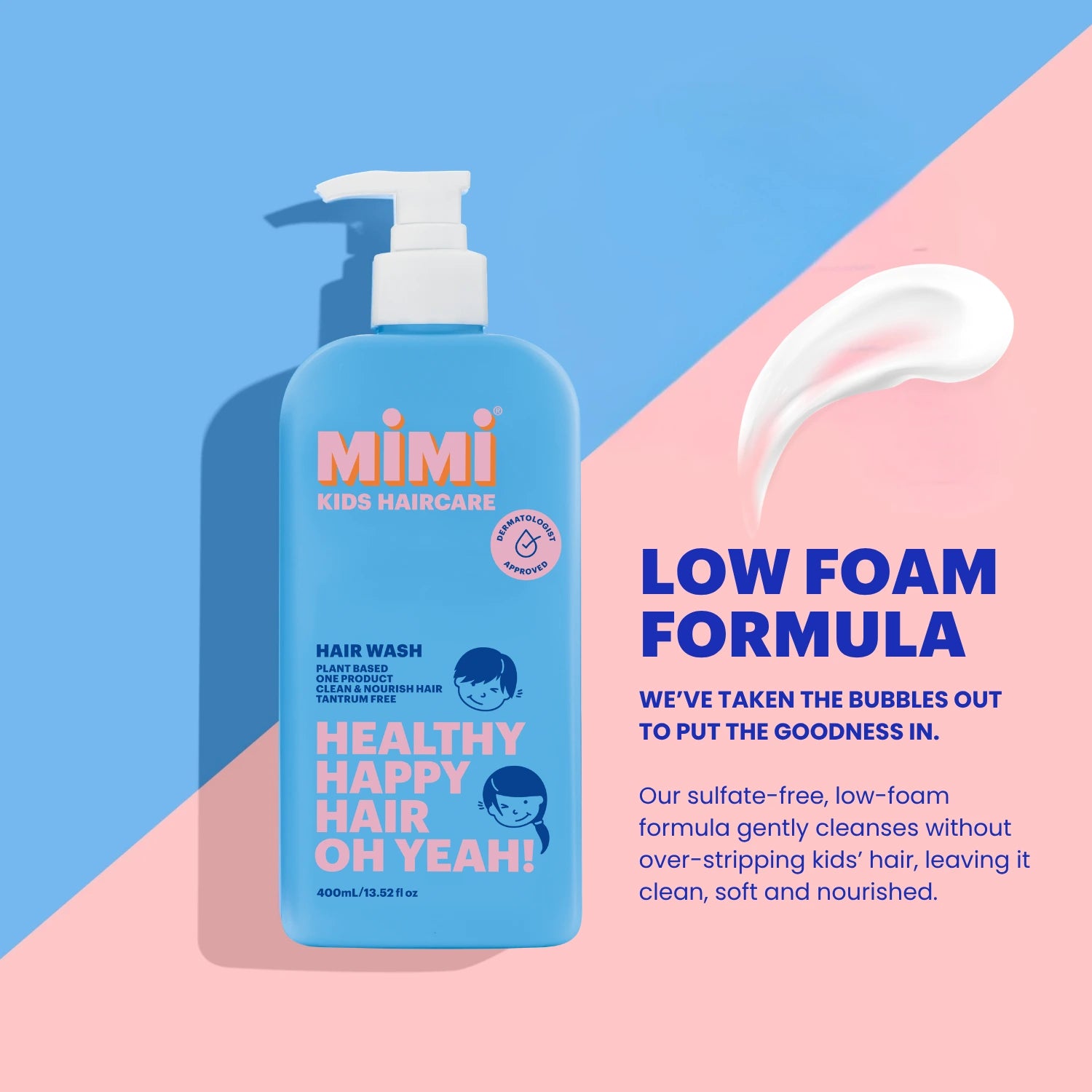 A bottle of Mimi Kids Haircare Hair Wash on a split blue and pink background with promotional text and a swirl of white foam graphic.