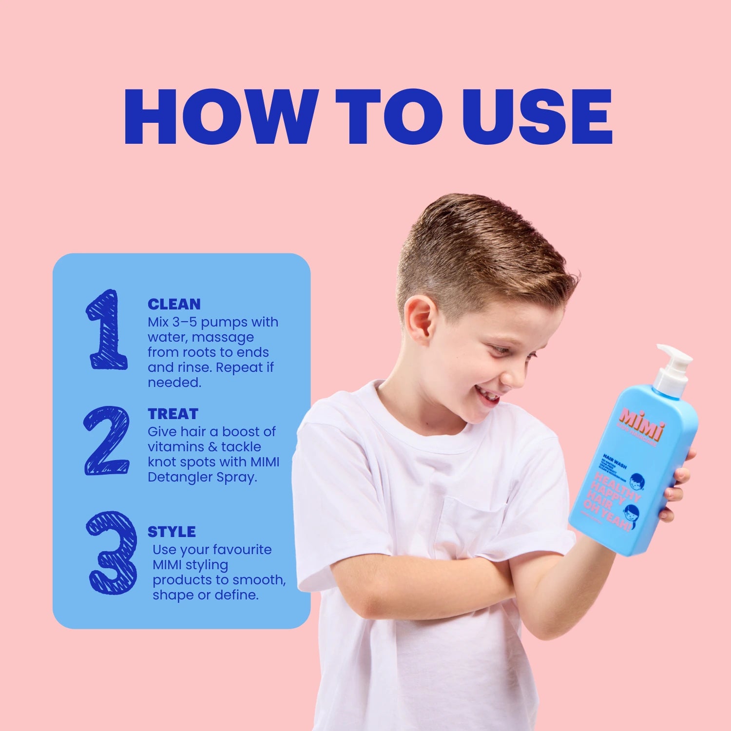 A boy holding a blue MIMI Hair Wash Bottle against a pink background, with a blue 'HOW TO USE' panel showing three steps: Clean, Treat, and Style.