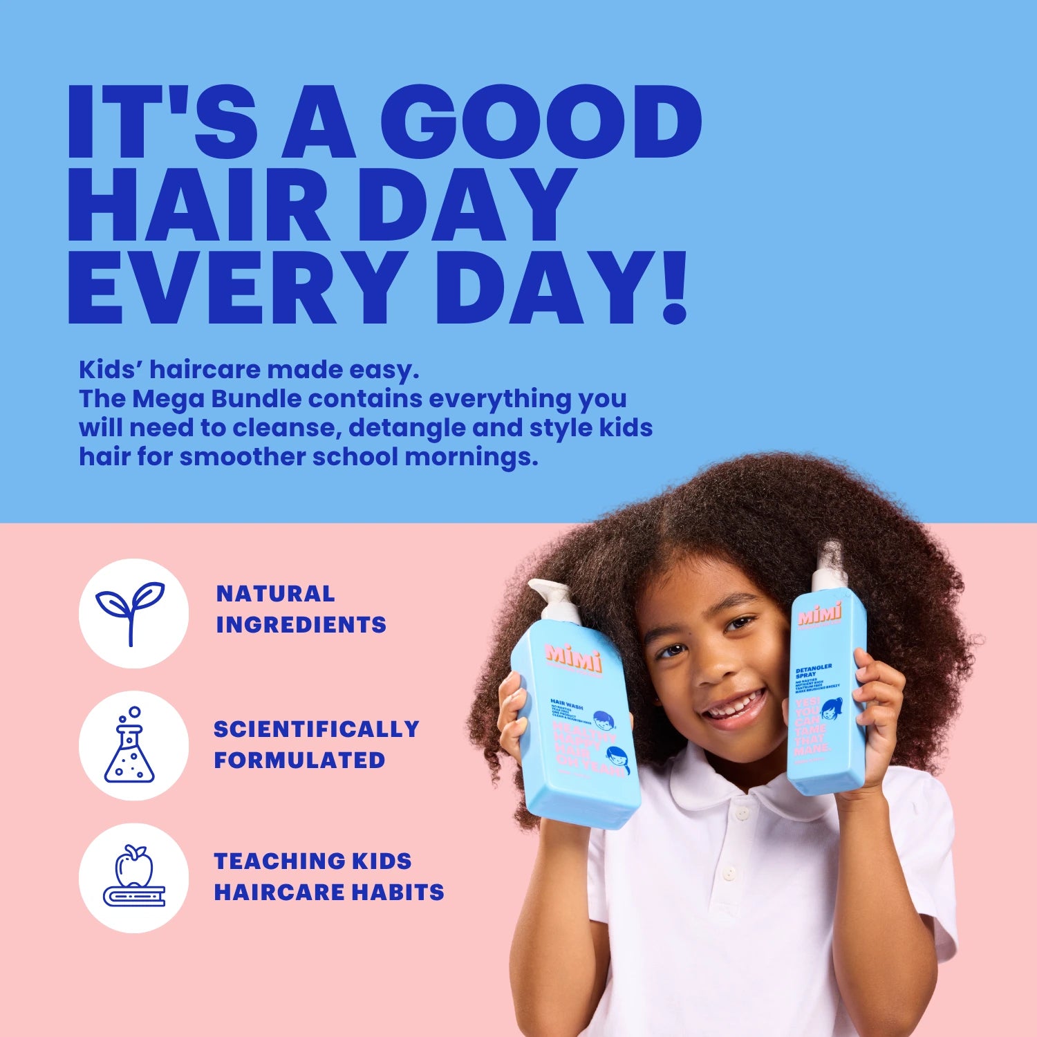 A promotional graphic for a kids' haircare Mega Bundle. A smiling young girl with curly hair holds two light blue bottles of Miiho brand hair products against a split blue and pink background with text highlighting natural ingredients, scientific formulation, and haircare education.
