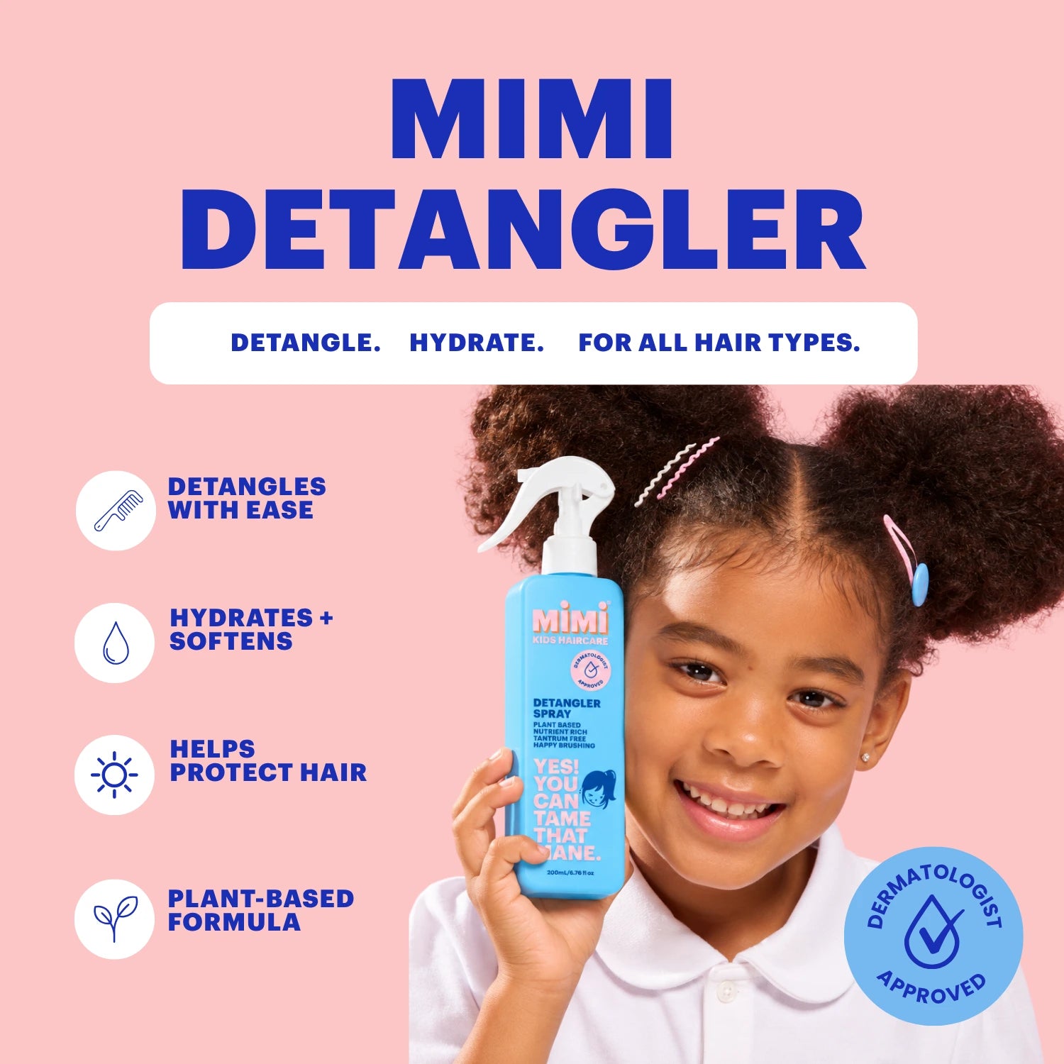 A child holding a bottle of MIMI Detangler against a pink background with promotional text and icons.