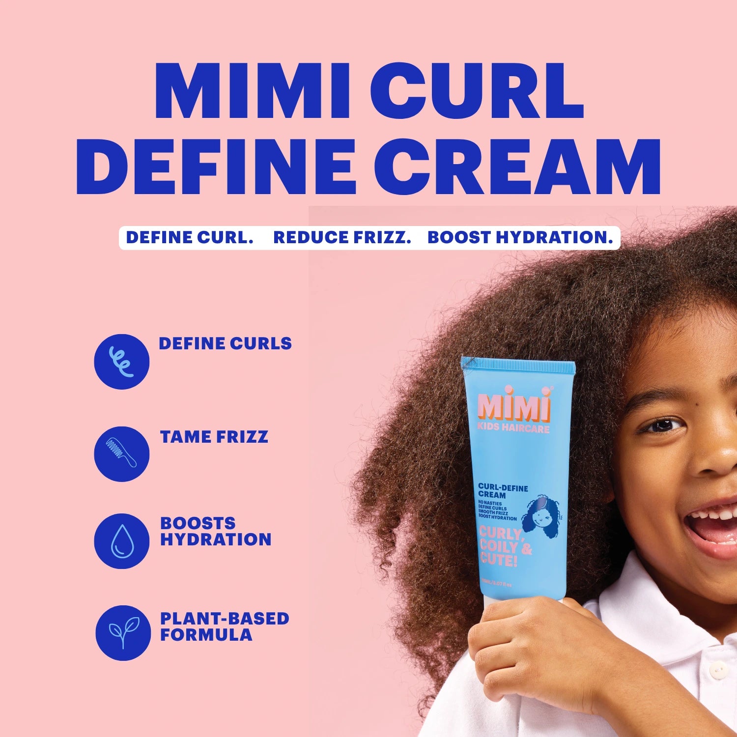 A child holding a tube of MIMI CURL DEFINE CREAM against a pink background with blue text and feature icons.