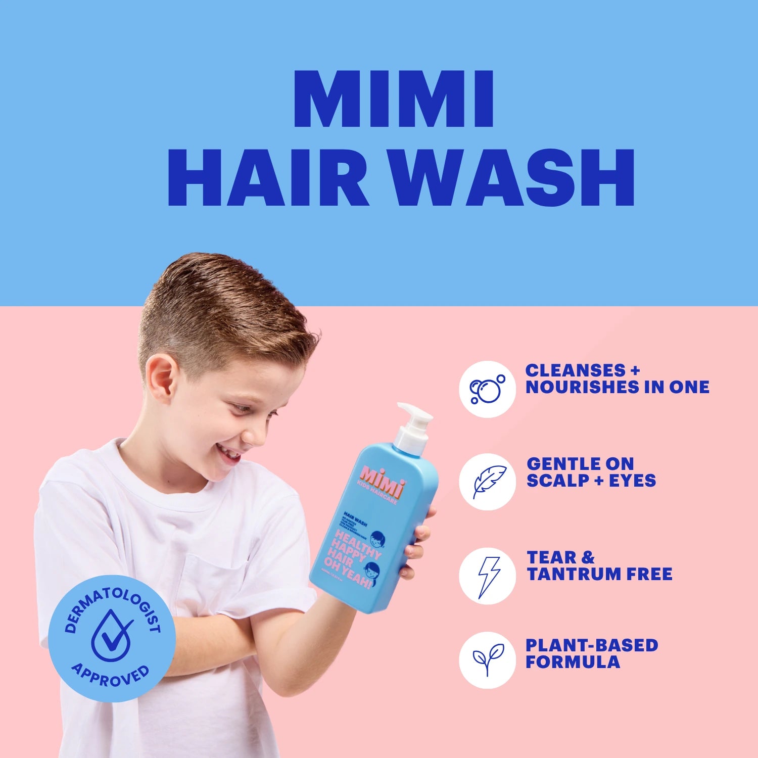 A child in a white shirt holds a blue bottle of MIMI Hair Wash against a split blue and pink background with product benefits listed on the right.