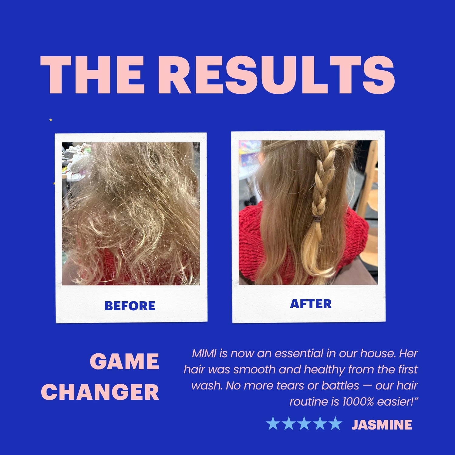 A promotional graphic with a blue background showing before-and-after hair results. Two small inset photos depict curly, frizzy hair labeled 'BEFORE' and smoother, shinier hair labeled 'AFTER.