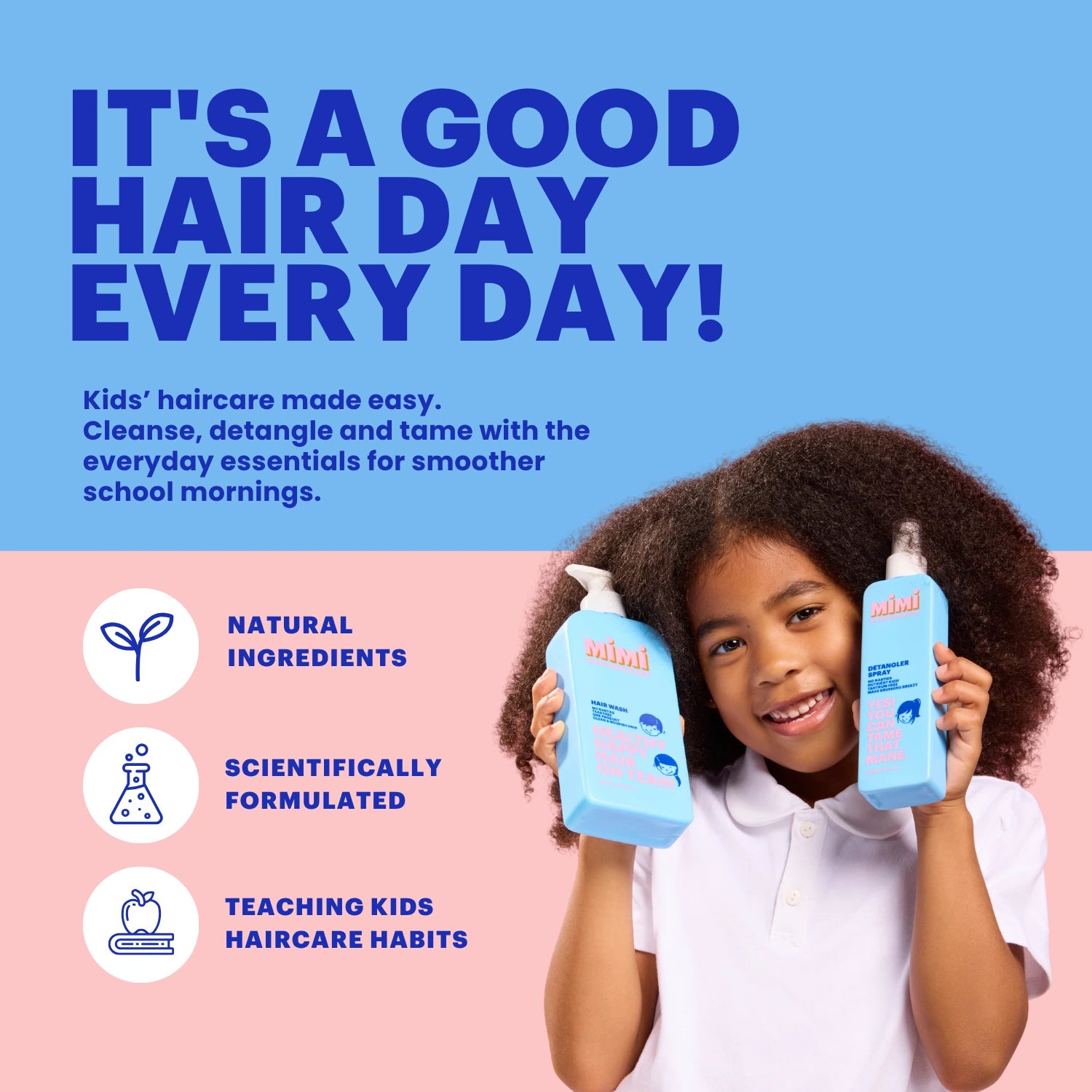 A smiling girl with curly hair holds two light blue bottles of a haircare product against a split blue and pink promotional background with text about hair care benefits.