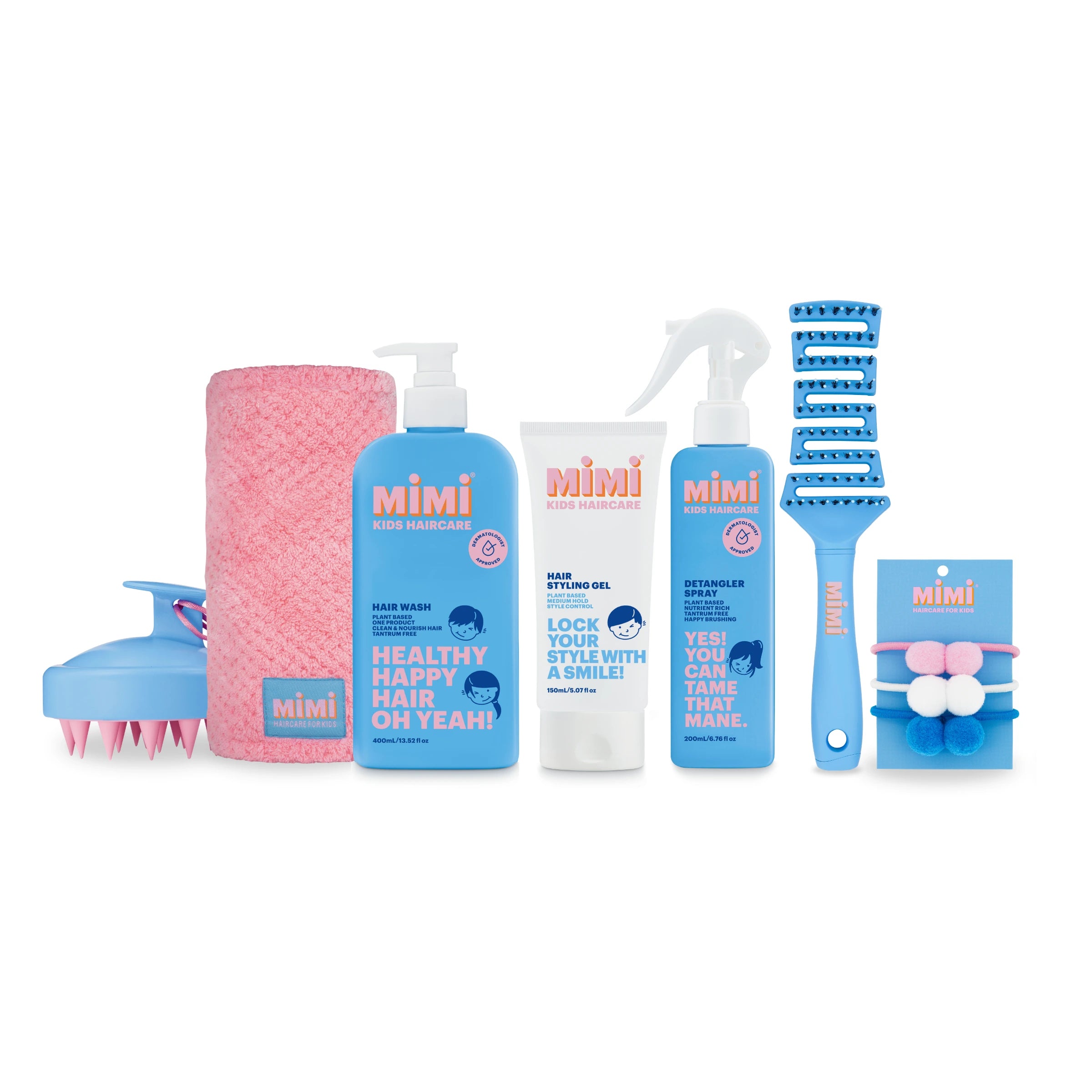 Collection of Essential Mimi Kids hair care products on a white background