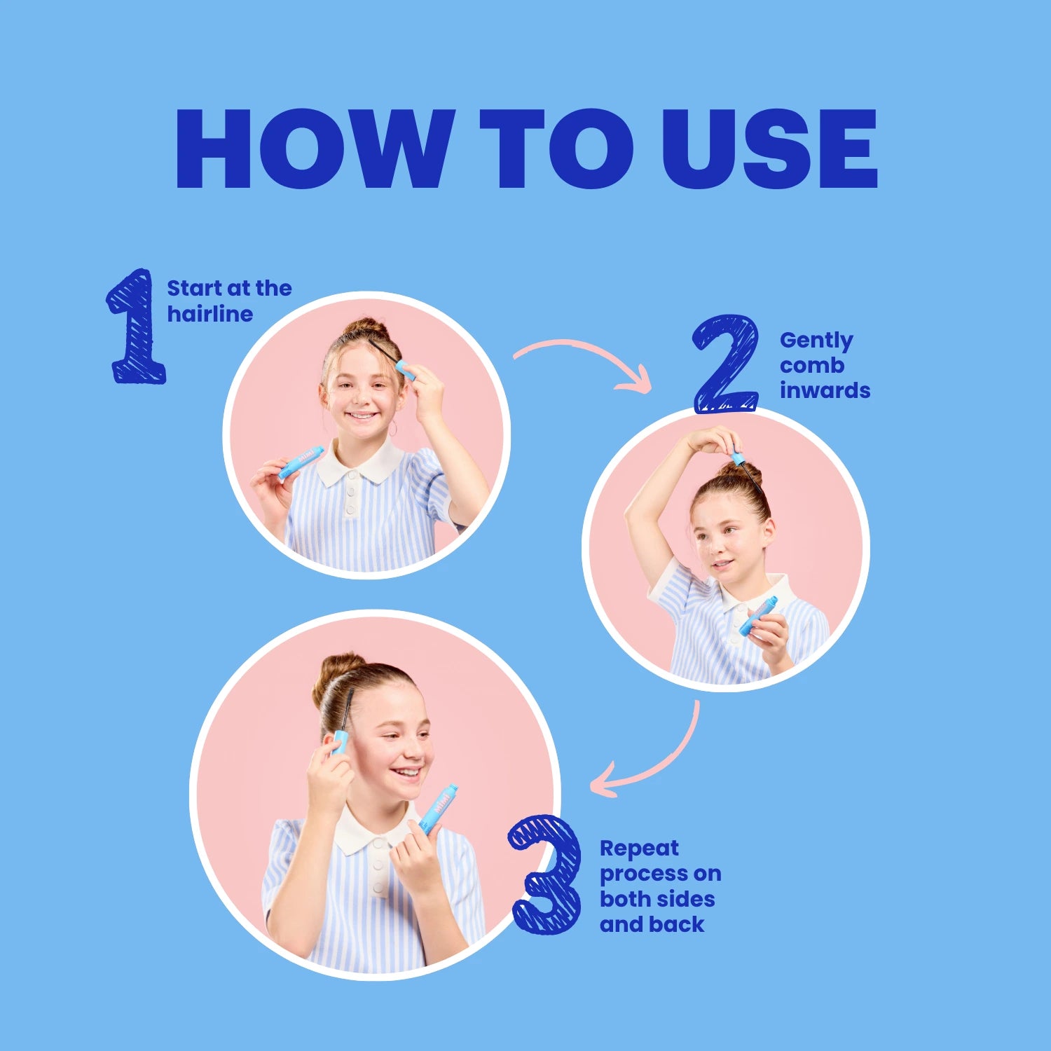 Instructional graphic showing how to use a blue hair comb, with three numbered circular photos of a girl demonstrating the steps on a light blue background.
