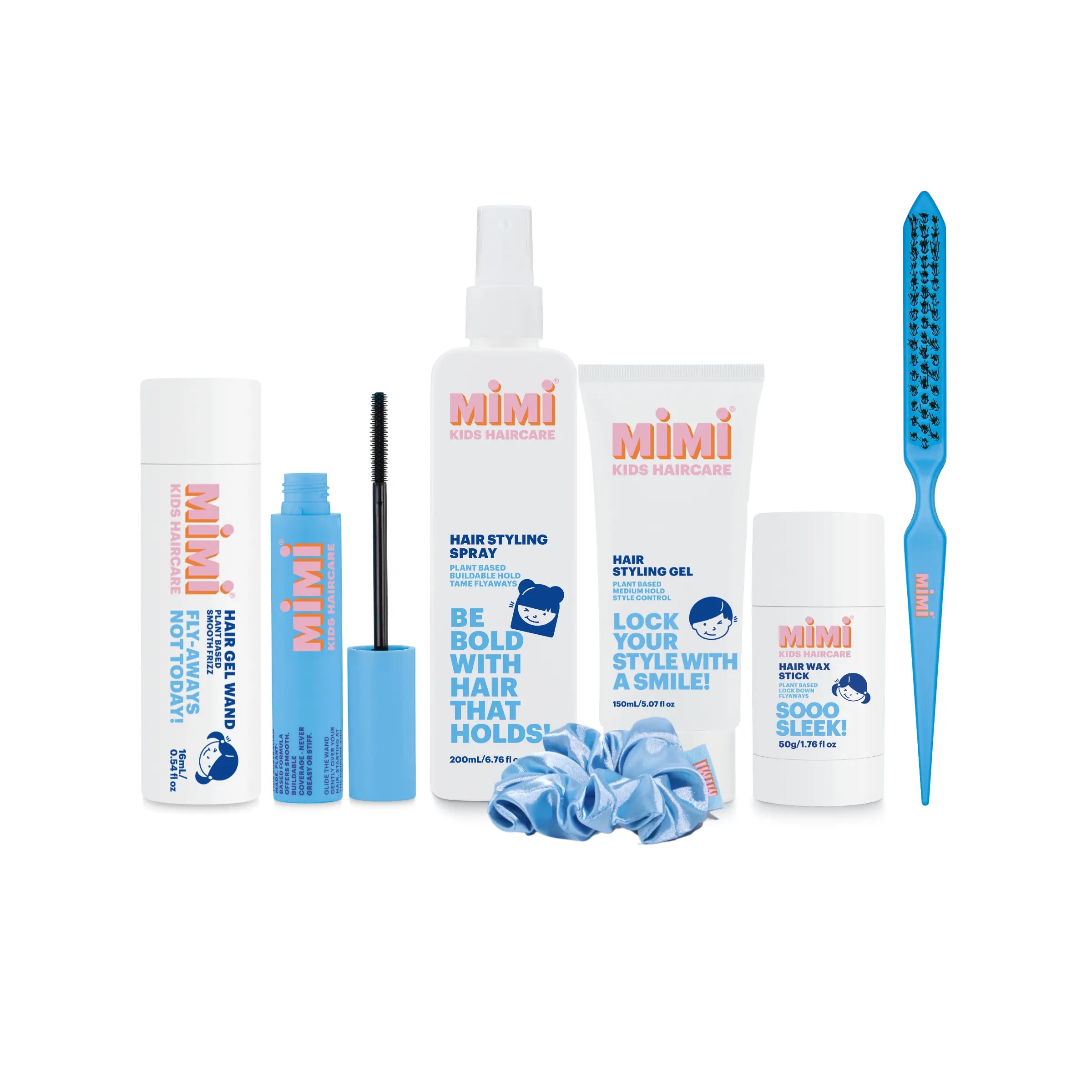 Collection of Mimi Kids Haircare products including spray, gel, and brush on a white background