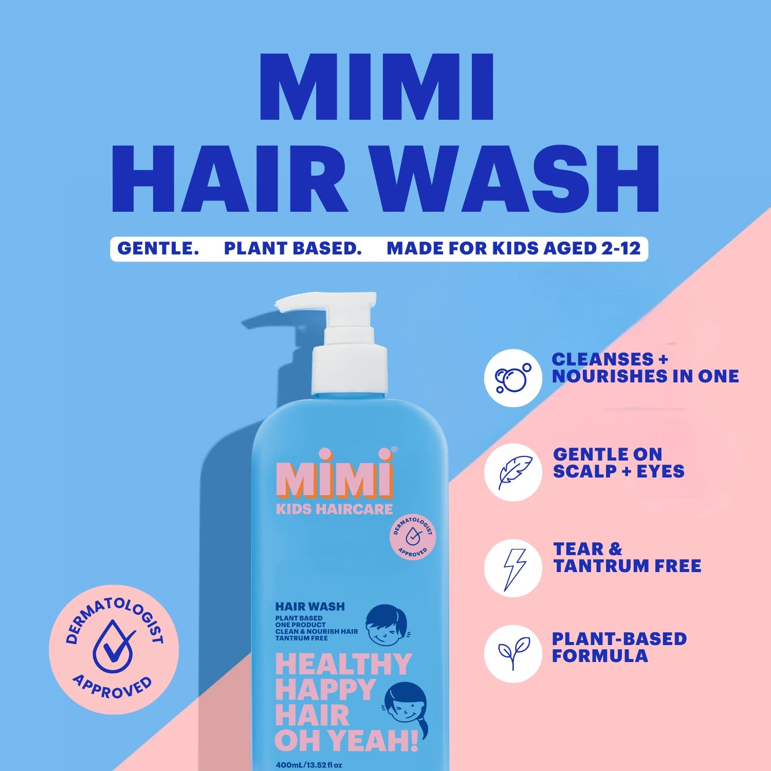 A bottle of Mimi Kids Haircare Mimi Hair Wash centered on a blue and pink graphic background with text callouts about gentle, plant-based formula, cleanses and nourishes, tear and tantrum free, and plant-based formula.