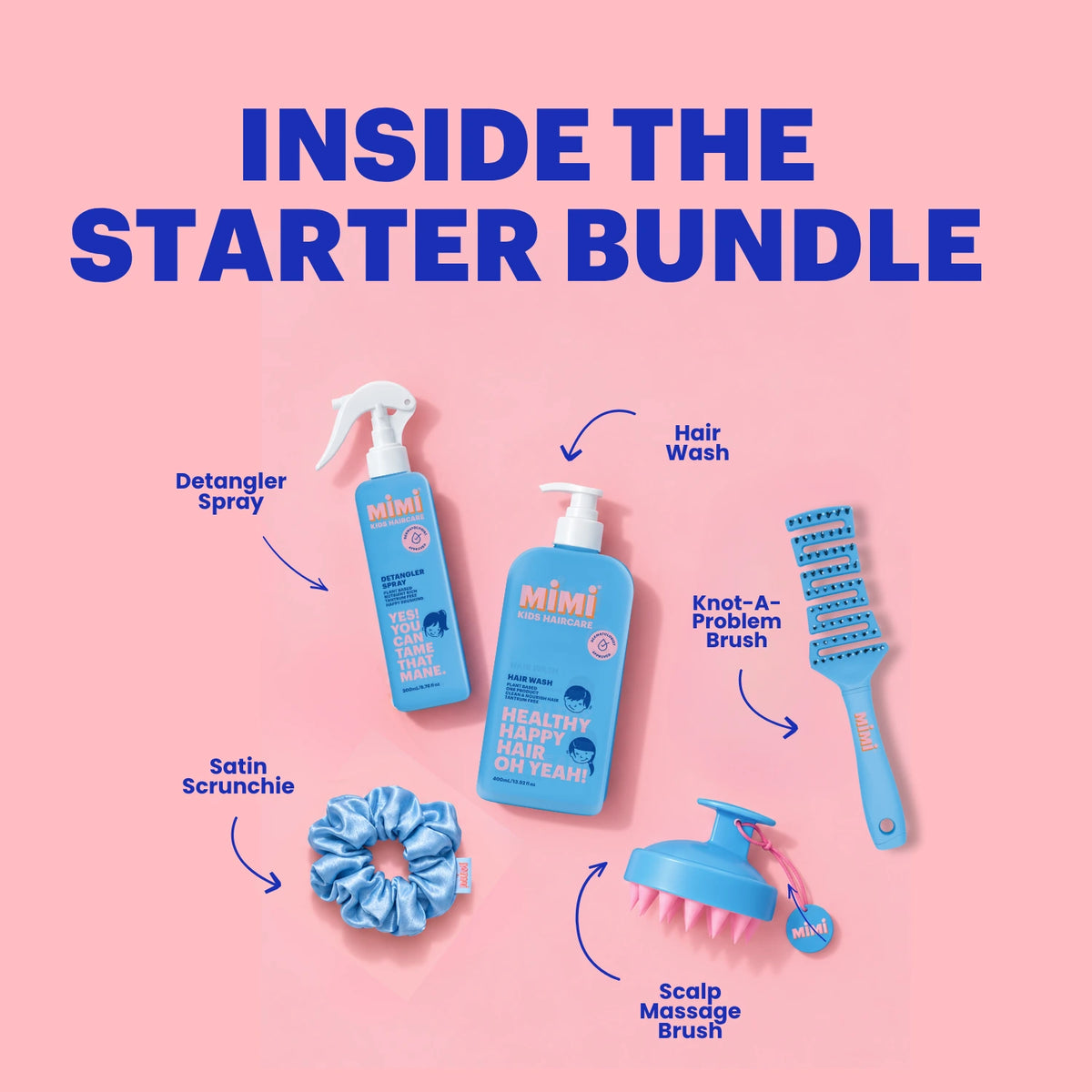 A pink promotional graphic showing the contents of a MIMI pet grooming starter bundle, with large blue text reading 'INSIDE THE STARTER BUNDLE' and labeled items including Detangler Spray, Hair Wash, Knot-A-Problem Brush, Satin Scrunchie, and Scalp Massage Brush.