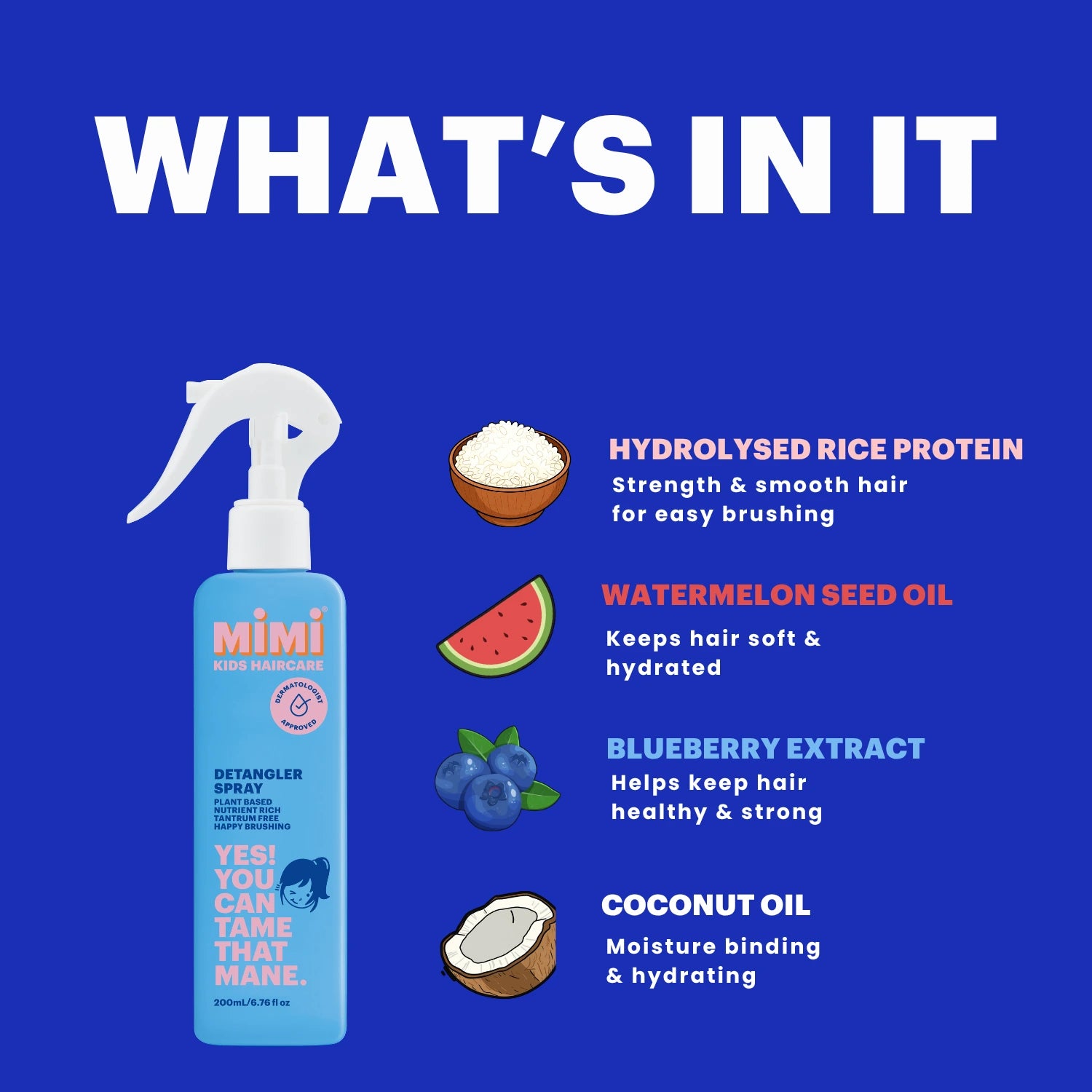 A promotional graphic for Mimi detangler Spray on a solid blue background. The light blue spray bottle is shown on the left, and on the right are ingredient callouts with small icons: hydrolysed rice protein, watermelon seed oil, blueberry extract, and coconut oil.