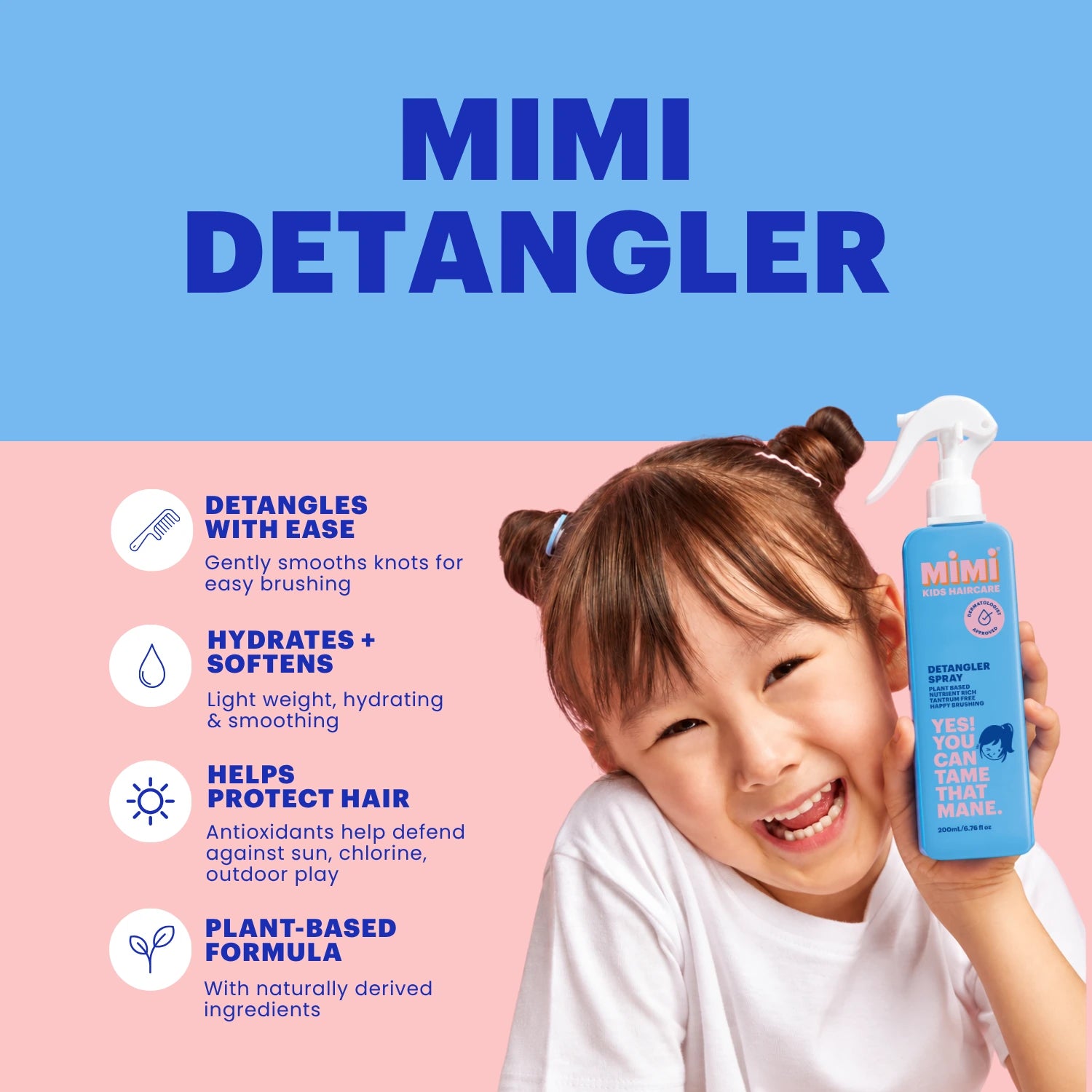 A promotional graphic for MIMI Detangler hair care. The top half is light blue with the brand name 'MIMI DETANGLER' in large blue text.