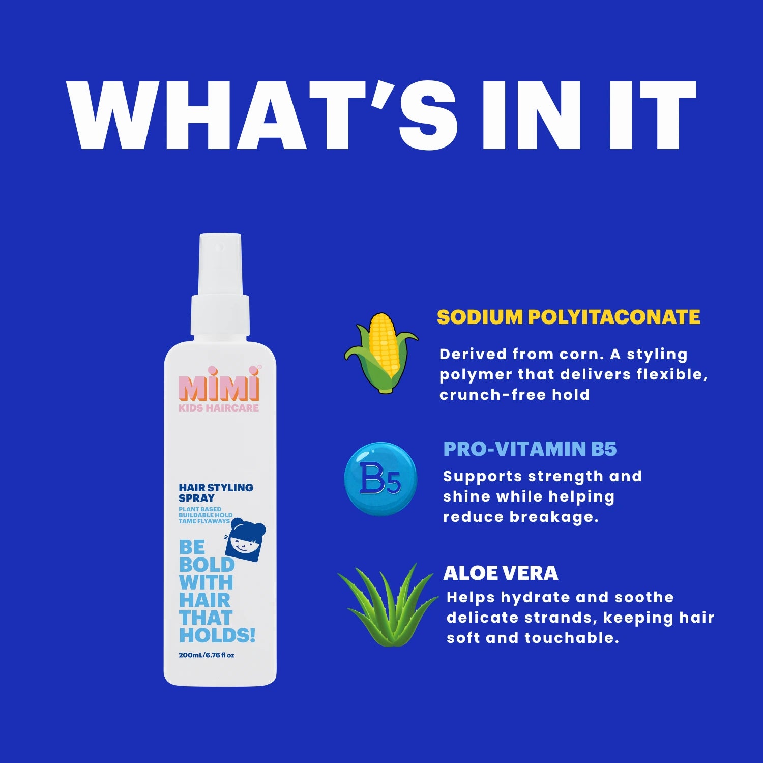 A white bottle of Mimi Hair Styling Spray on a bright blue background with text reading 'WHAT'S IN IT' and ingredient callouts for sodium polytaconate, pro-vitamin B5, and aloe vera.