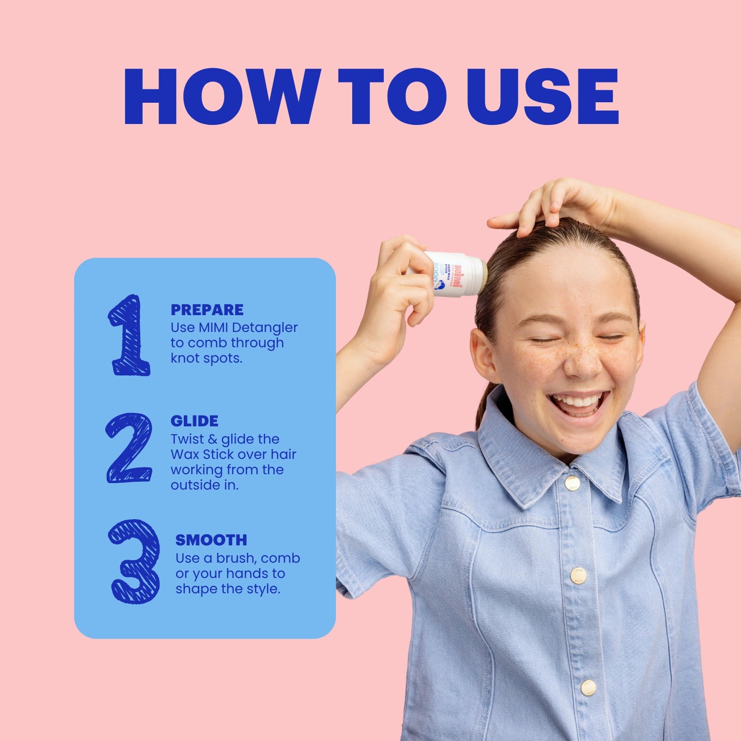 A woman with her hair pulled back smiles while applying a small white bottle of hair product to her scalp. Large blue text at the top reads 'HOW TO USE,' and a blue panel on the left lists three steps: prepare, glide, and smooth.