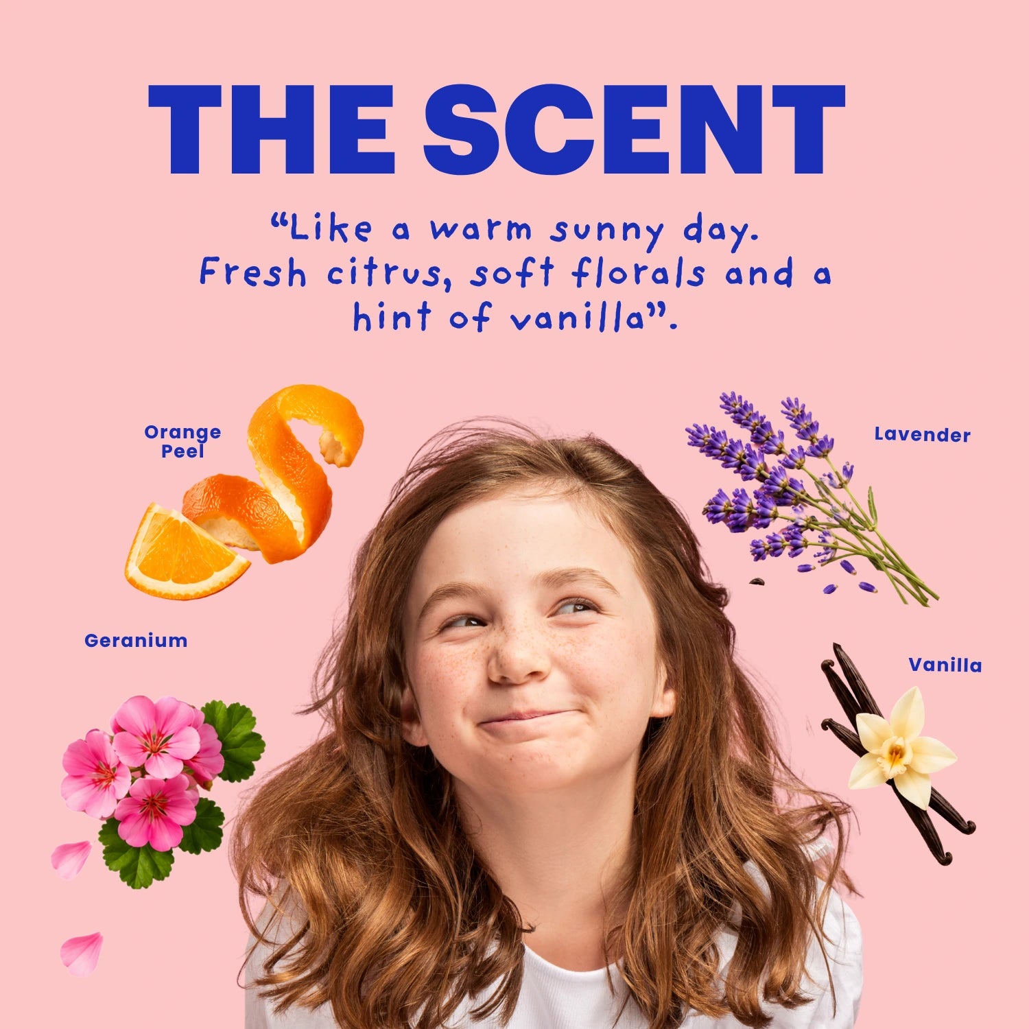 A girl with wavy light brown hair looks upward with a pleasant expression on a pink background. The image is a fragrance concept graphic with the headline 'THE SCENT' and scent notes including orange peel, lavender, geranium, and vanilla, with corresponding illustrations and a quote describing a warm sunny day with citrus, soft florals, and a hint of vanilla.