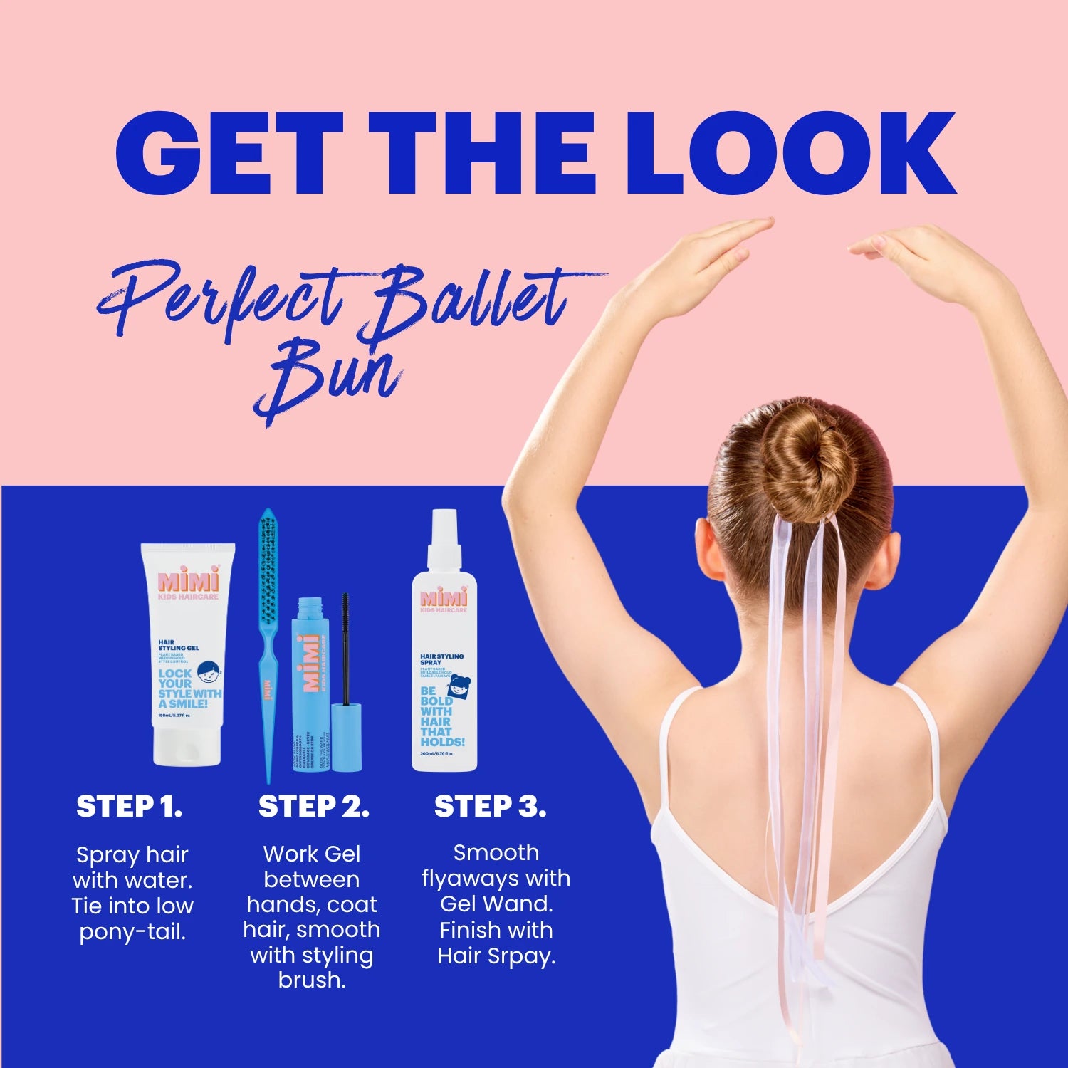 Promotional graphic for a ballet bun hair product. A woman is shown from behind with her hair styled in a low ponytail bun with long white flyaway strands.