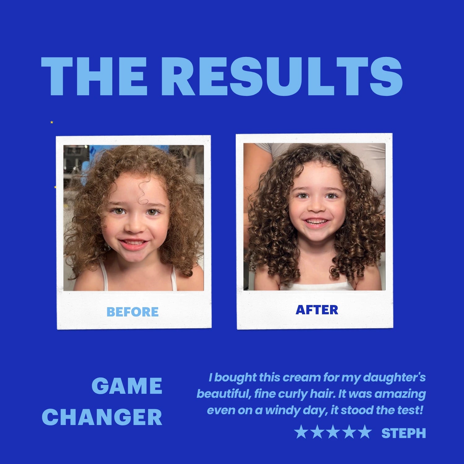 A blue promotional graphic with the heading 'THE RESULTS' and two side-by-side photos of a young girl showing curly hair, labeled 'BEFORE' and 'AFTER.' Text at the bottom reads 'GAME CHANGER' and includes a review quote with a five-star rating and the name Steph.
