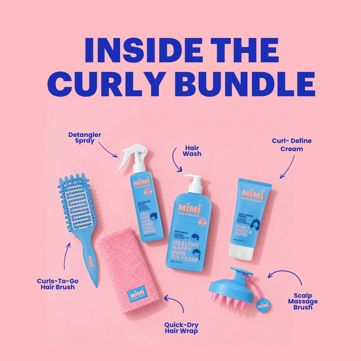 A pink promotional graphic showing the contents of a curly hair care bundle with labeled callouts: a blue detangler spray bottle, hair wash bottle, curl define cream tube, curl-to-go hair brush, quick-dry hair wrap, scalp massage brush, and a pink towel. Large text at the top reads 'INSIDE THE CURLY BUNDLE.