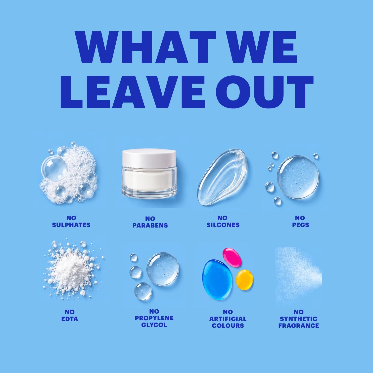 A blue promotional graphic with the headline 'WHAT WE LEAVE OUT' and six ingredient-exclusion callouts with small product-like illustrations and labels: no sulphates, no parabens, no silicones, no peds, no edta, no propylene glycol, no artificial colours, and no synthetic fragrance.